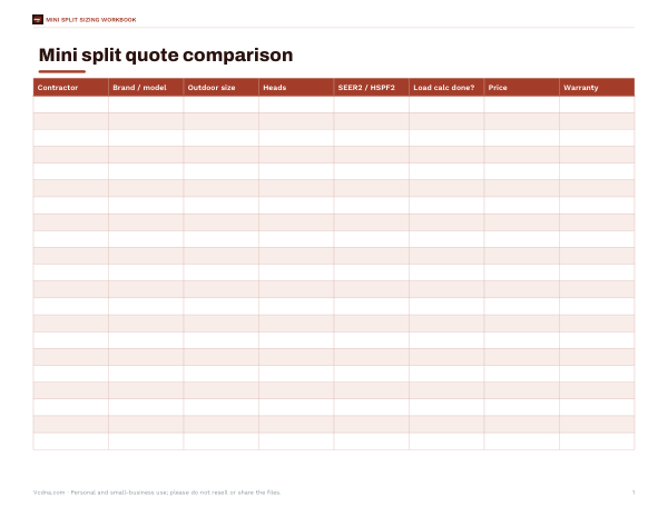 Preview of Printable Mini Split Quote Comparison