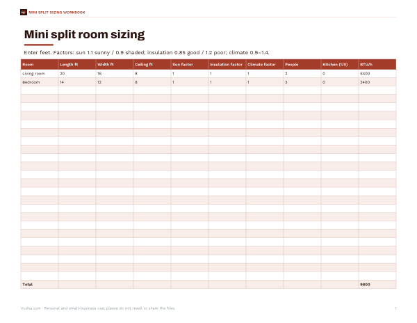 Preview of Mini Split Room Sizing Workbook